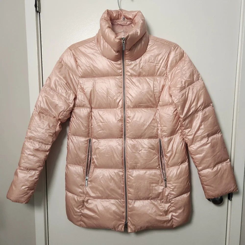 Lands End Full Double Zip Down Puffer Jacket Coat Women's XS Metallic Pink‎ Snow
